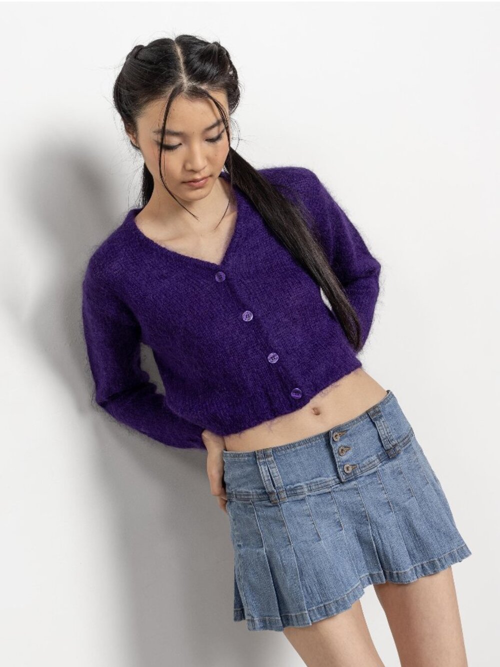 CROPPED MOHAIR SWEATER Vintage Cardigan Sheer Button Up Delicate Purple / Small